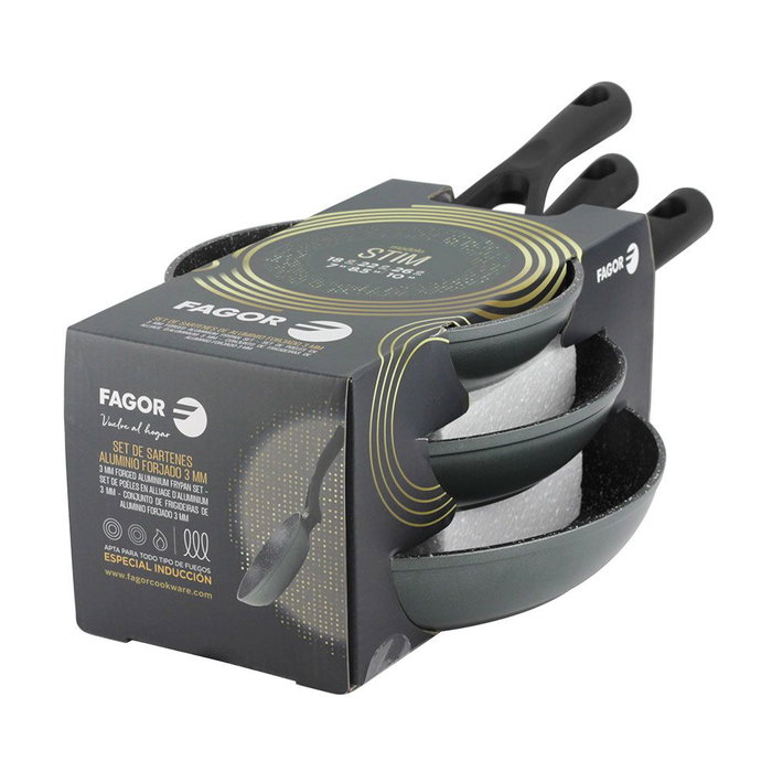 Fagor STIM - Set de 3 poêles en aluminium forgé Ø18/22/26 cm, antiadhésif Xylan Plus, compatibles induction Fagor STIM - Set de 3 poêles en aluminium forgé Ø18/22/26 cm, antiadhésif Xylan Plus, compatibles induction