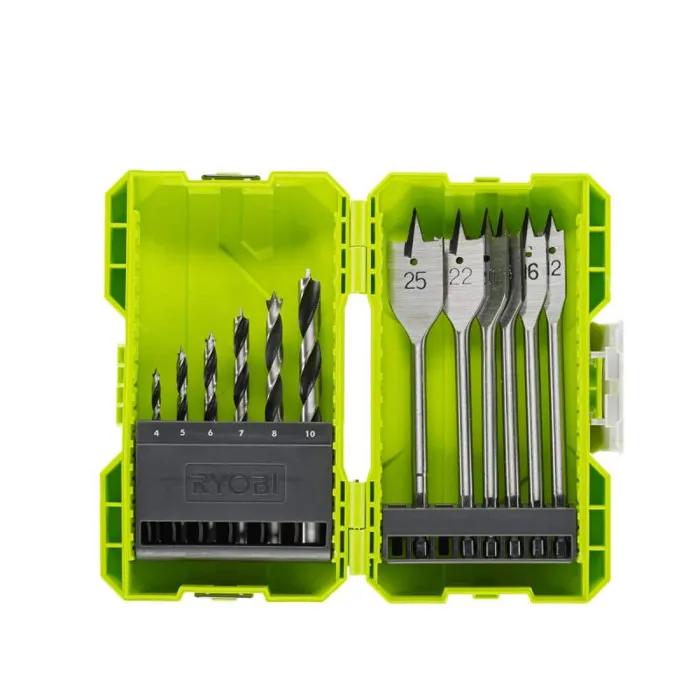 Ryobi RAK12SWD - Coffret empilable de perçage bois avec 12 accessoires (6 forets + 6 mèches plates) pour perçages courants de 4 à 10 mm Ryobi RAK12SWD - Coffret empilable de perçage bois avec 12 accessoires (6 forets + 6 mèches plates) pour perçages courants de 4 à 10 mm