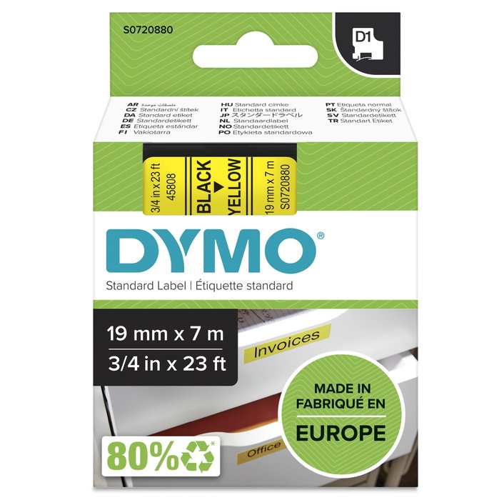 Dymo Ruban d'étiquetage D1 19mm x 7m Noir sur Jaune 45808 Dymo Ruban d'étiquetage D1 19mm x 7m Noir sur Jaune 45808