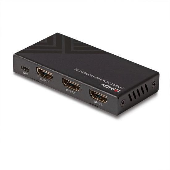 Lindy Switch HDMI 8K60 2 ports - Commutateur HDMI 2 entrées Ultra Haute Vitesse 48G - Support HDR, 8K à 60 Hz, Contrôle par IR
