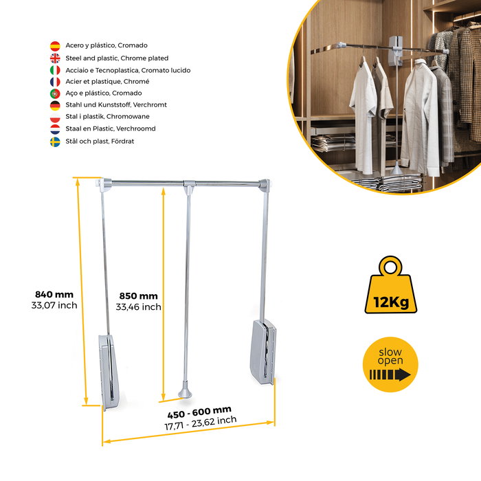 Emuca Penderie rabattable pour armoire Hang, 450 - 600, Chromé, Acier et Plastique.