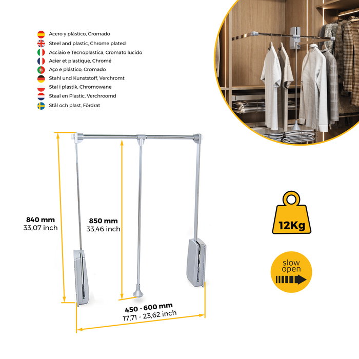 Emuca Penderie rabattable pour armoire Hang, 450 - 600, Chromé, Acier et Plastique. Emuca Penderie rabattable pour armoire Hang, 450 - 600, Chromé, Acier et Plastique.