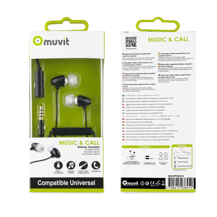 Muvit Muhph0016 Casque Stéréo Filaire Noir avec Microphone et Adaptateur Jack 3.5mm