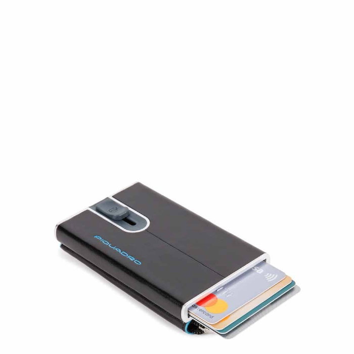 Piquadro Blue Square Porte-cartes en cuir noir pour hommes - Système coulissant avec poche à monnaie zippée - Modèle PP5359B2R-N Piquadro Blue Square Porte-cartes en cuir noir pour hommes - Système coulissant avec poche à monnaie zippée - Modèle PP5359B2R-N