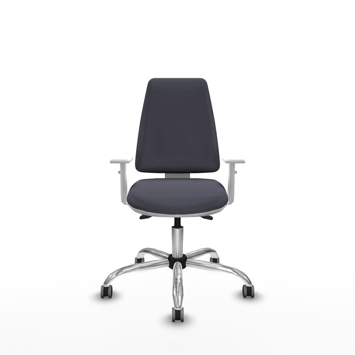 Chaise Elche Asynchrone Tissu Gris foncé Structure chromée Accoudoirs blancs Sans appui-tête Roulettes 65mm pour moquette