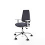 Chaise Elche Asynchrone Tissu Gris foncé Structure chromée Accoudoirs blancs Sans appui-tête Roulettes 65mm pour moquette