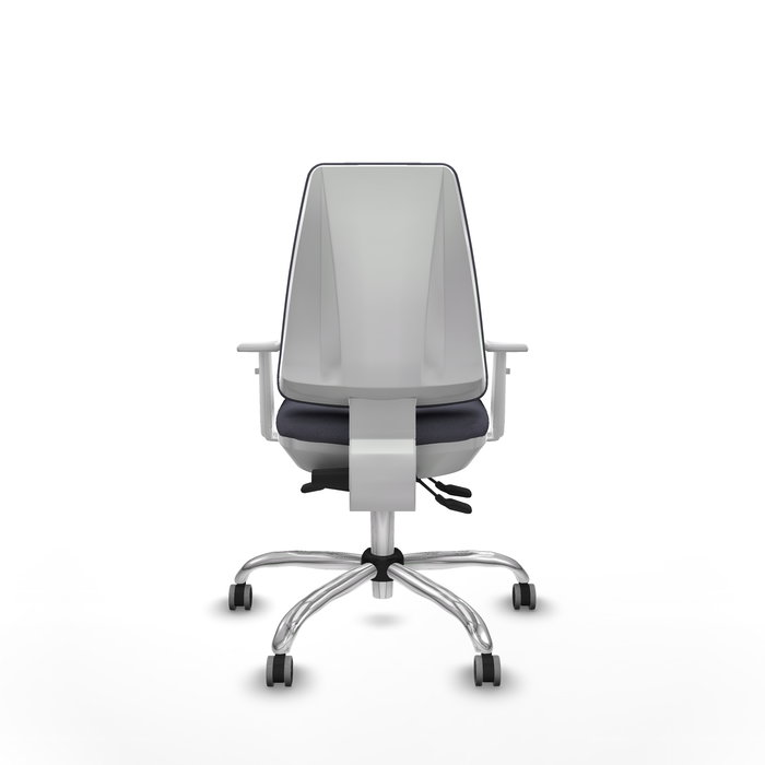Chaise Elche Asynchrone Tissu Gris foncé Structure chromée Accoudoirs blancs Sans appui-tête Roulettes 65mm pour moquette