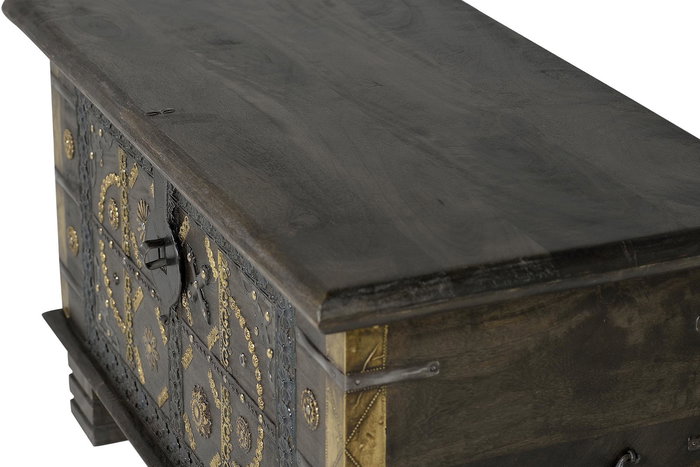GINER Y COLOMER - Coffre de rangement en bois de manguier massif couleur marron foncé - Décor ancien avec détails en bronze et métal - Dimensions : 80 x 40 x 46 cm