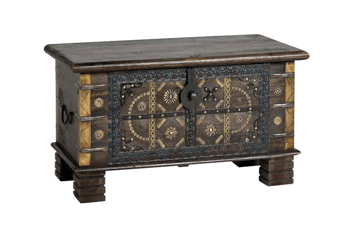 GINER Y COLOMER - Coffre de rangement en bois de manguier massif couleur marron foncé - Décor ancien avec détails en bronze et métal - Dimensions : 80 x 40 x 46 cm