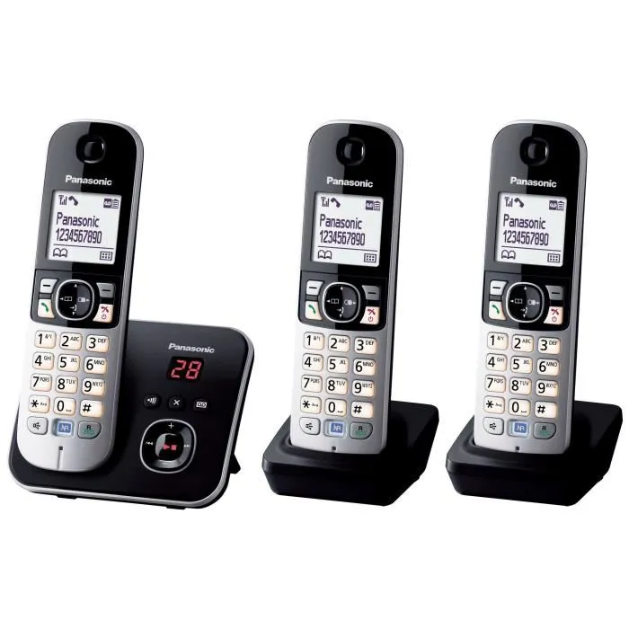 Panasonic KX-TG6823 - Téléphone sans fil DECT trio avec répondeur, réduction de bruit et blocage sélectif, combinés gris et noir