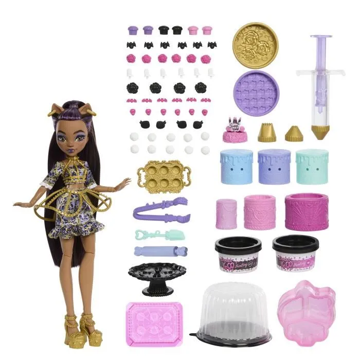 Monster High JBG78 Kit Gâteau d'Anniversaire Clawdeen Wolf - 55 Accessoires et Seringue de Glaçage pour Enfants dès 4 ans
