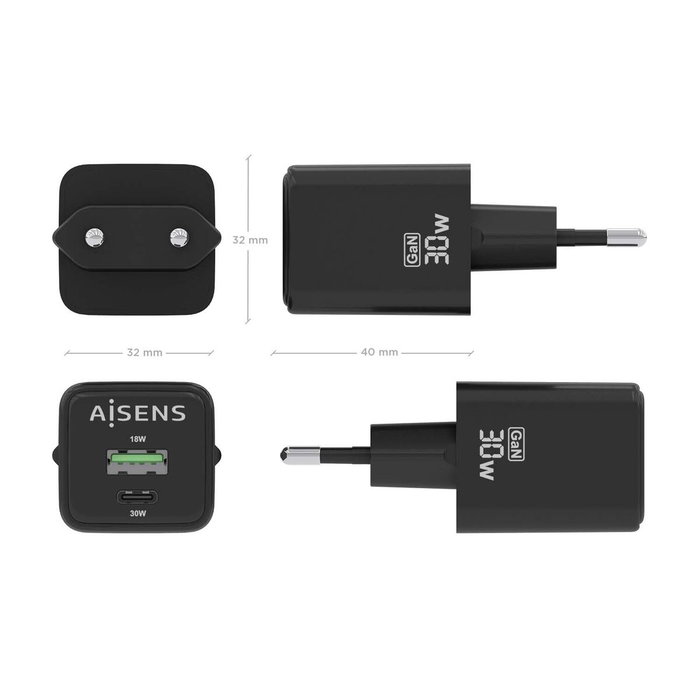 Chargeur mural Aisens ASCH-30W2P038-BK Noir Multicouleur 33 W Chargeur mural Aisens ASCH-30W2P038-BK Noir Multicouleur 33 W