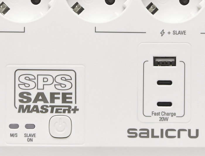 Salicru 680DA000003 | Réglette SPS Safe Master+ 6 avec 5 Prises Schuko, 3 Ports USB (20W), Protection Surtension 600J, Câble 1,4m