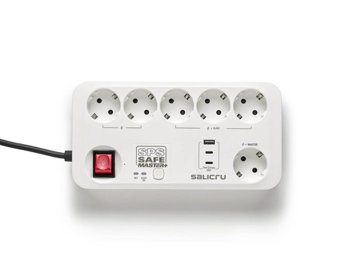 Salicru 680DA000003 | Réglette SPS Safe Master+ 6 avec 5 Prises Schuko, 3 Ports USB (20W), Protection Surtension 600J, Câble 1,4m