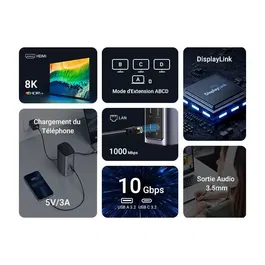 UGREEN Station d'accueil USB-C Pro, Hub Multiport avec HDMI, 3x USB-A, USB-C, Ethernet RJ45, Lecteur de Carte SD/TF pour Ordinateur Portable - Gris