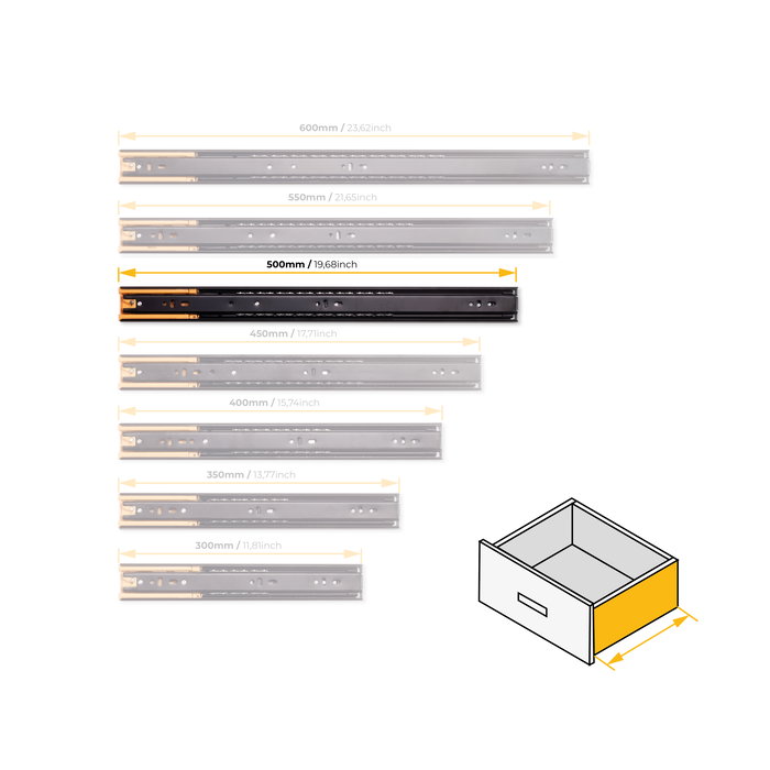 Emuca Lot de 5 jeux de Coulisses pour tiroirs, roulement à billes, hauteur 45mm, profondeur 500mm, sortie totale, fermeture amortie, Noir