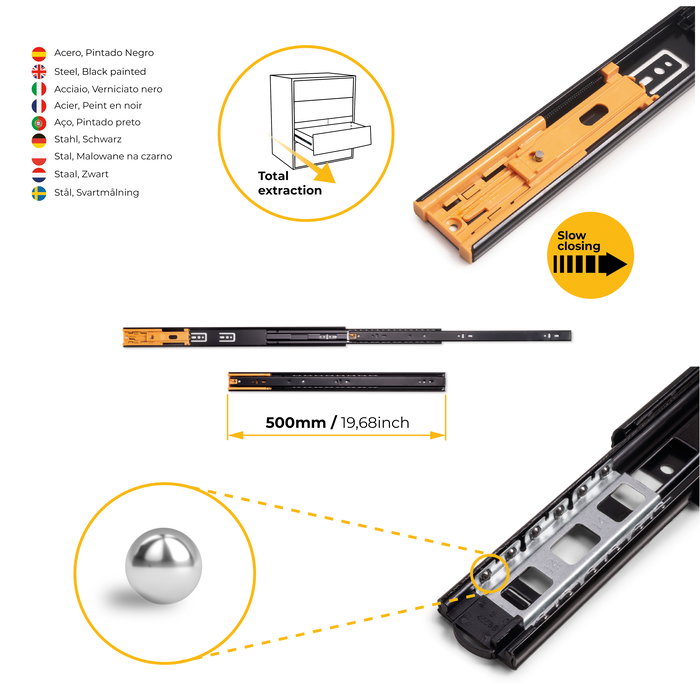 Emuca Lot de 5 jeux de Coulisses pour tiroirs, roulement à billes, hauteur 45mm, profondeur 500mm, sortie totale, fermeture amortie, Noir