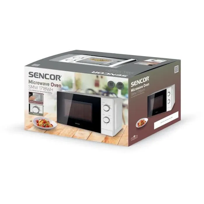 Sencor SMW 1718WH - Micro-ondes 20 L 700 W avec 5 niveaux de puissance, minuterie 35 min, intérieur émaillé, pour assiettes jusqu'à 25,5 cm, blanc Sencor SMW 1718WH - Micro-ondes 20 L 700 W avec 5 niveaux de puissance, minuterie 35 min, intérieur émaillé, pour assiettes jusqu'à 25,5 cm, blanc