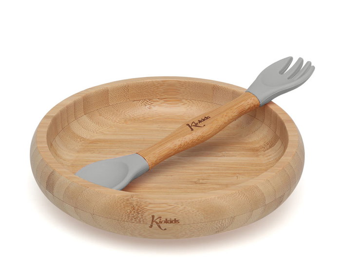 KioKids Set Vaiselle Bébé Gris en Bambou et Silicone Ecofriendly avec Cuenco, Ventouse et Cuillère-Fourchette, 4 Mois et Plus