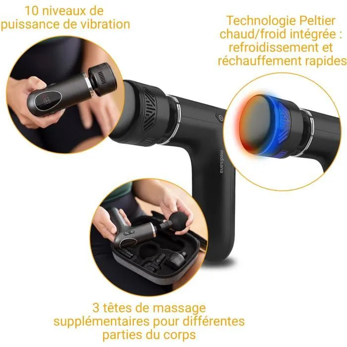 Medisana MG 560 - Pistolet de massage chaud et froid - Technologie Peltier - 10 intensités de percussion, 3 niveaux, 4 embouts - Écran LED - Charge USB-C - Noir
