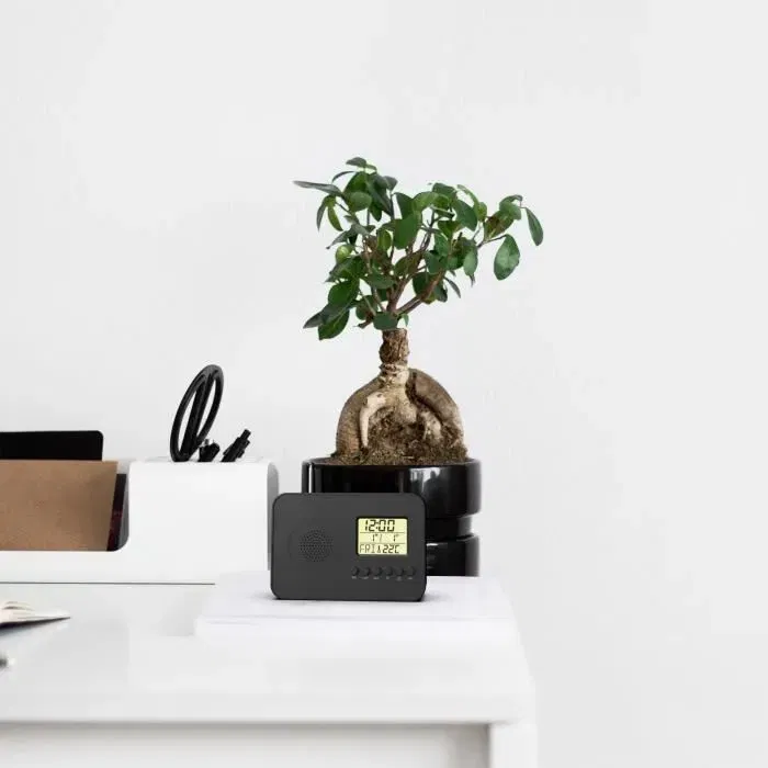Evoom LEKIO - Radio réveil intelligent avec affichage date, heure, température et humidité, tuner FM, 2 alarmes, portable sur piles - Noir