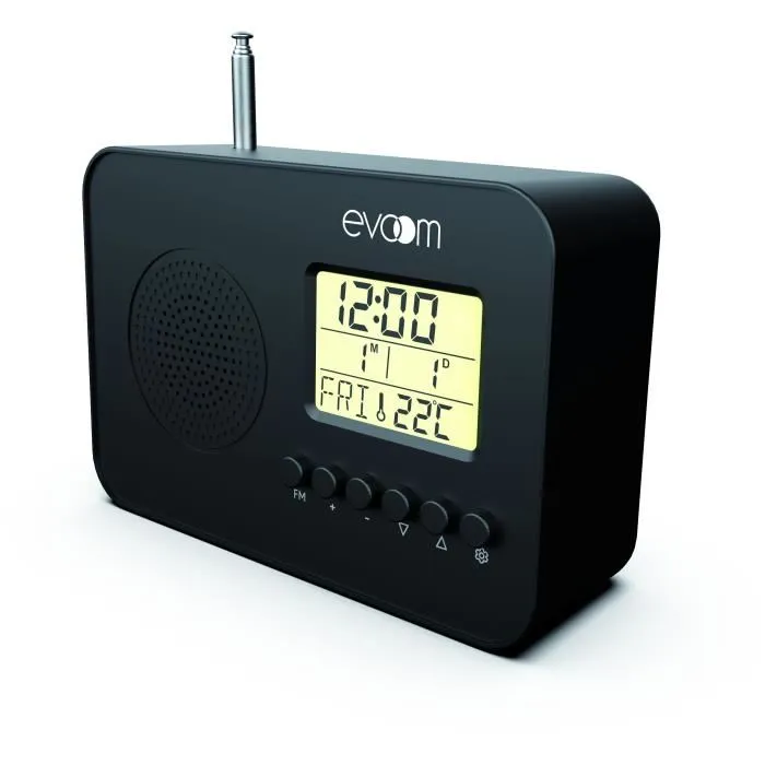 Evoom LEKIO - Radio réveil intelligent avec affichage date, heure, température et humidité, tuner FM, 2 alarmes, portable sur piles - Noir