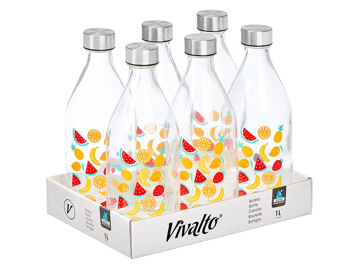 VIVALTO Bouteille bouchon acier fruits 1000 ml transparent argent 9.4 x 25.5 x 9 cm (Set de 12)