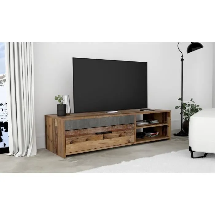 PACO Meuble TV 120 cm 1 tiroir 2 niches vieux bois et béton gris foncé L 120 x P 42,1 x H 31,8 cm PACO Meuble TV 120 cm 1 tiroir 2 niches vieux bois et béton gris foncé L 120 x P 42,1 x H 31,8 cm