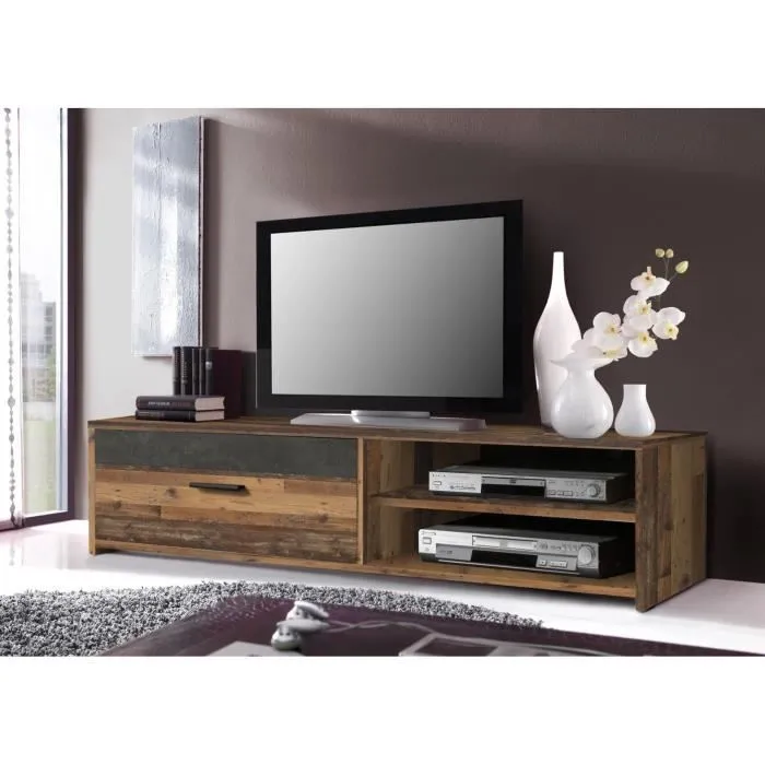PACO Meuble TV 120 cm 1 tiroir 2 niches vieux bois et béton gris foncé L 120 x P 42,1 x H 31,8 cm PACO Meuble TV 120 cm 1 tiroir 2 niches vieux bois et béton gris foncé L 120 x P 42,1 x H 31,8 cm