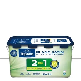 Ripolin Peinture 2 en 1 Murs et Plafonds avec Sous-couche Intégrée, Finition Satin, Blanc, 2,5 Litres
