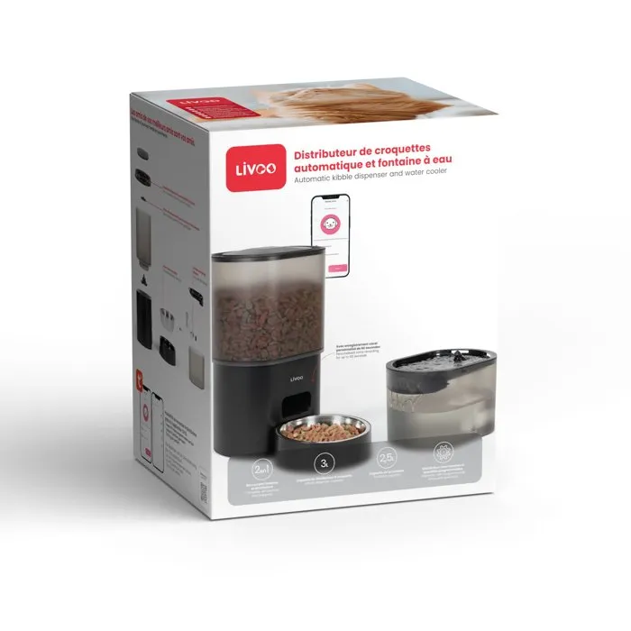 Livoo Distributeur de croquettes automatique et fontaine à eau PET107, 3 L, Connecté TUYA Livoo Distributeur de croquettes automatique et fontaine à eau PET107, 3 L, Connecté TUYA