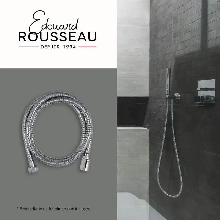 Edouard Rousseau Flexible de douche inox chromé double agrafage 1.5 m avec réducteur de débit et écrous anti-torsion