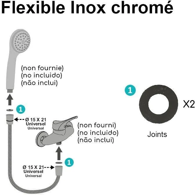 Edouard Rousseau Flexible de douche inox chromé double agrafage 1.5 m avec réducteur de débit et écrous anti-torsion