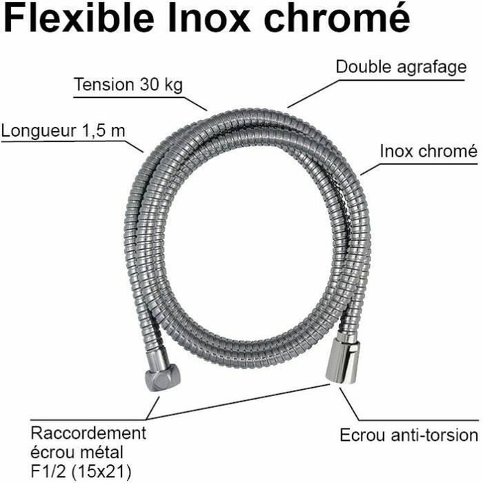 Edouard Rousseau Flexible de douche 1,5 m inox chromé avec écrous anti-torsion et réducteur de débit Edouard Rousseau Flexible de douche 1,5 m inox chromé avec écrous anti-torsion et réducteur de débit