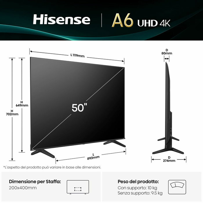 TV intelligente Hisense 50A6Q 50" 4K Ultra HD LED HDR D-LED