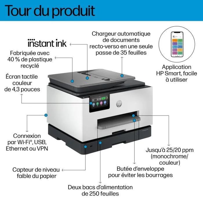HP OfficeJet Pro 9135e - Imprimante tout-en-une couleur recto verso automatique - Wi-Fi, HP ePrint, avec 6 mois d'Instant Ink inclus HP OfficeJet Pro 9135e - Imprimante tout-en-une couleur recto verso automatique - Wi-Fi, HP ePrint, avec 6 mois d'Instant Ink inclus