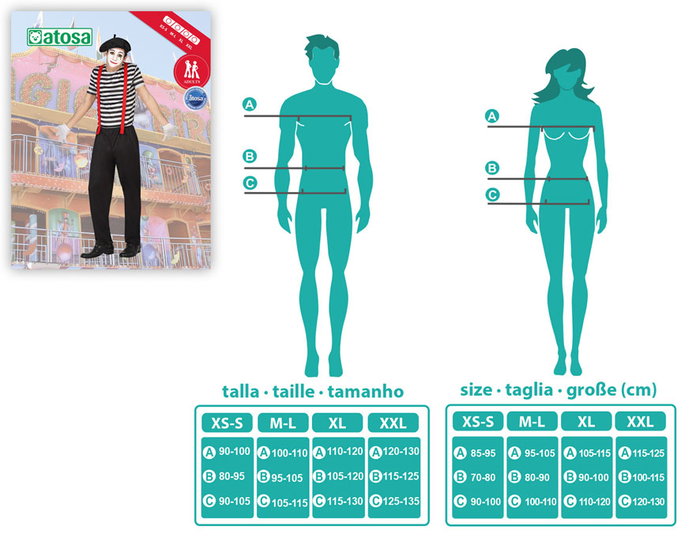 Déguisement Mime Adulte Homme Blanc et Noir 3 Pièces (Bonnet, Tee-shirt à Bretelles Imprimé, Pantalon) Taille XL - Thème Cirque