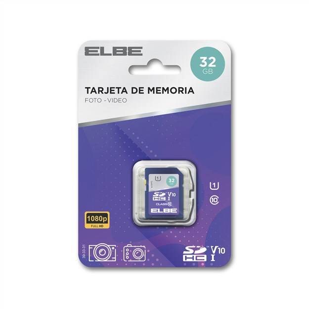 ELBE SD-1032 Carte mémoire SD 32GB, Classe de vitesse UHS-I U1, Pour enregistrement vidéo Full HD 1080p, Compatible appareils photo