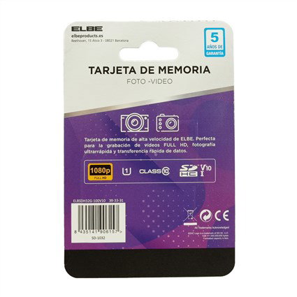 ELBE SD-1032 Carte mémoire SD 32GB, Classe de vitesse UHS-I U1, Pour enregistrement vidéo Full HD 1080p, Compatible appareils photo