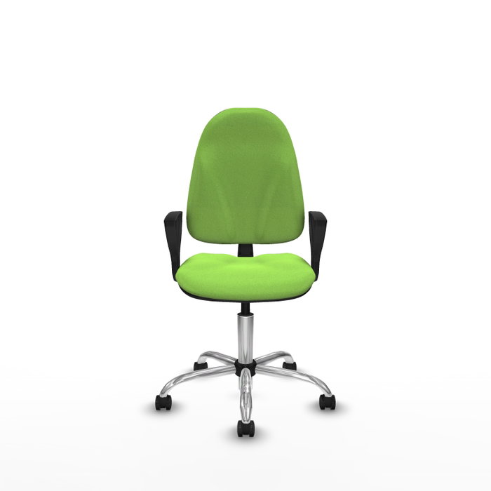 Chaise de bureau Algarra avec mécanisme de contact permanent de base, recouverte de tissu couleur pistache. Équipée d'une base chromée, d'accoudoirs fixes et de roulettes autobloquantes.