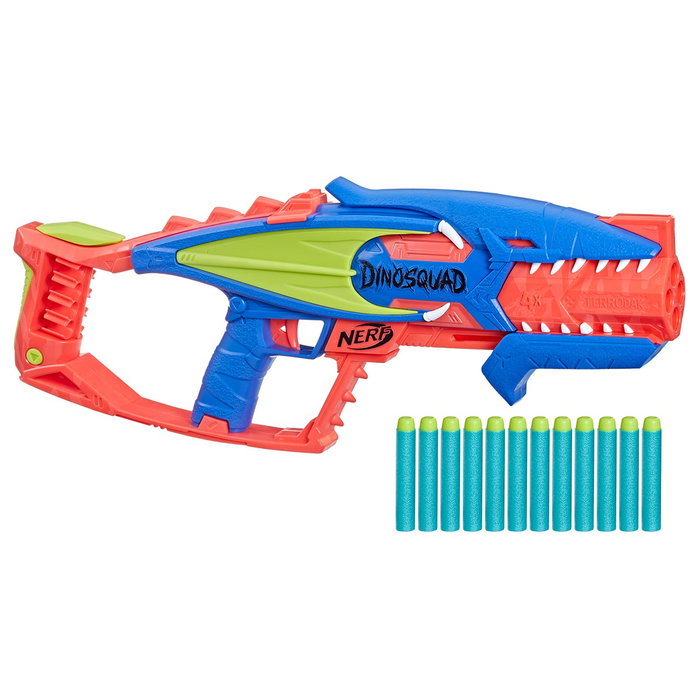 Hasbro Nerf DinoSquad Terrodak F6313 - Lanceur de fléchettes jouet à canon 4 dards avec 12 dards Nerf Elite, pour enfants dès 8 ans