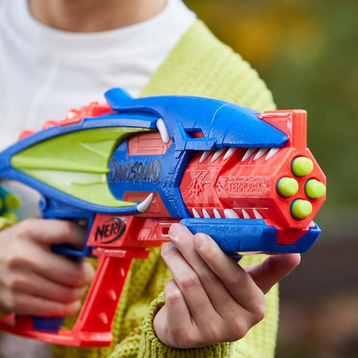 Hasbro Nerf DinoSquad Terrodak F6313 - Lanceur de fléchettes jouet à canon 4 dards avec 12 dards Nerf Elite, pour enfants dès 8 ans