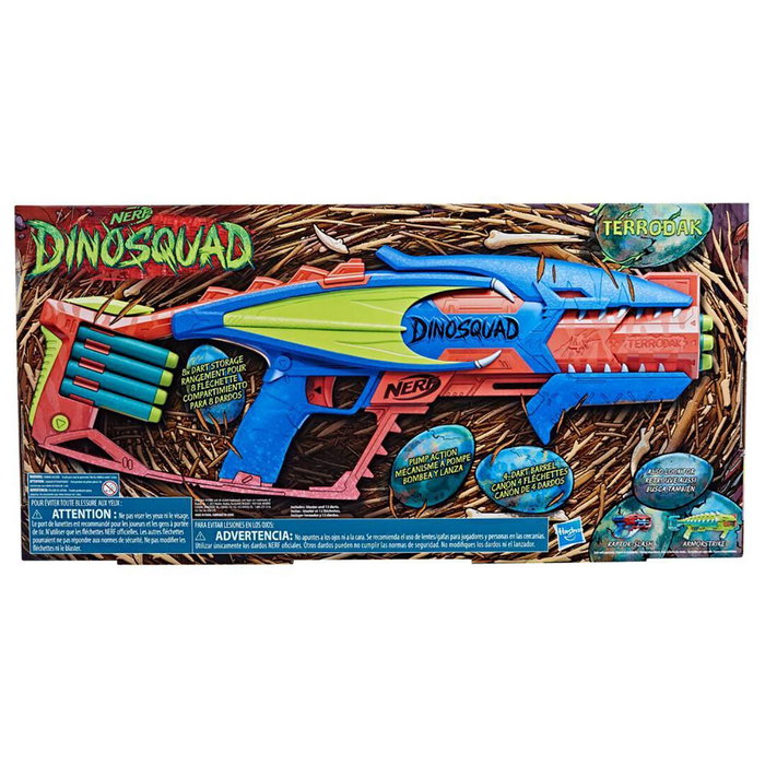 Hasbro Nerf DinoSquad Terrodak F6313 - Lanceur de fléchettes jouet à canon 4 dards avec 12 dards Nerf Elite, pour enfants dès 8 ans