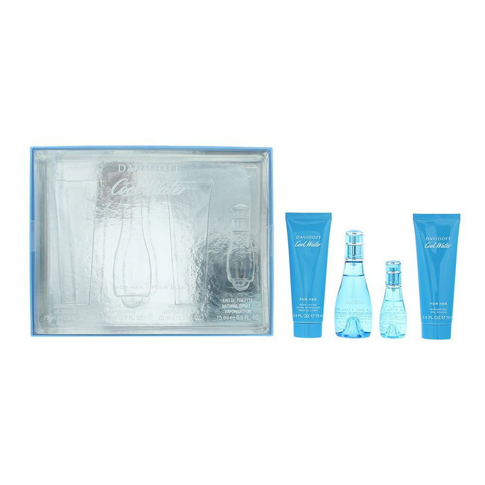 Davidoff Coffret Cadeau Cool Water Pour Femme - Eau de Toilette 50 ml + 15 ml miniature, Gel Douche 75 ml, Lotion pour le Corps 75 ml