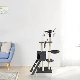 JIPSY Arbre à chat avec 3 plateformes, perchoir, niche, escalier et poteaux à griffer - 79 x 34 x 138 cm, gris foncé