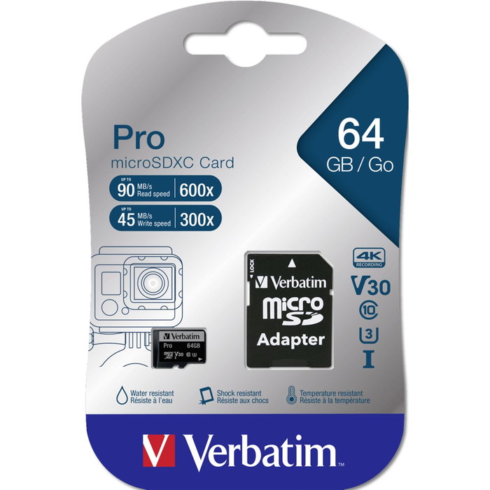 Verbatim microSDXC Pro 64 Go Class 10 UHS-I avec adaptateur Verbatim microSDXC Pro 64 Go Class 10 UHS-I avec adaptateur