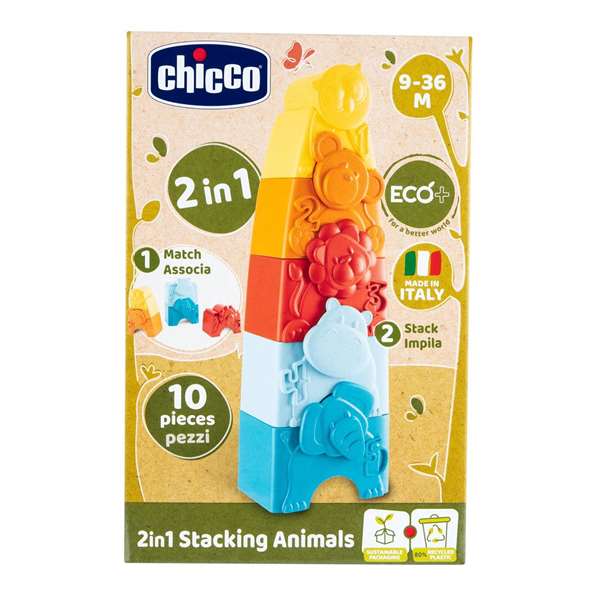 Chicco - Tour à empiler éducative 2 en 1 avec animaux, développe la logique et la motricité fine, jouet pour bébé de 6 mois à 3 ans, 10 pièces