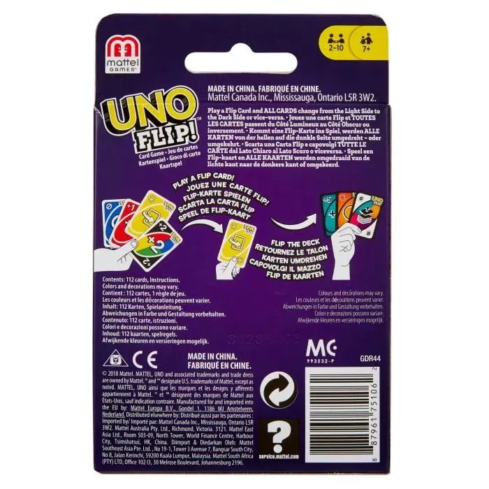 Mattel Games Uno Flip Side - Jeu de cartes à cartes réversibles - GDR44 - 7 ans et plus - 112 cartes - Jeu de société familial