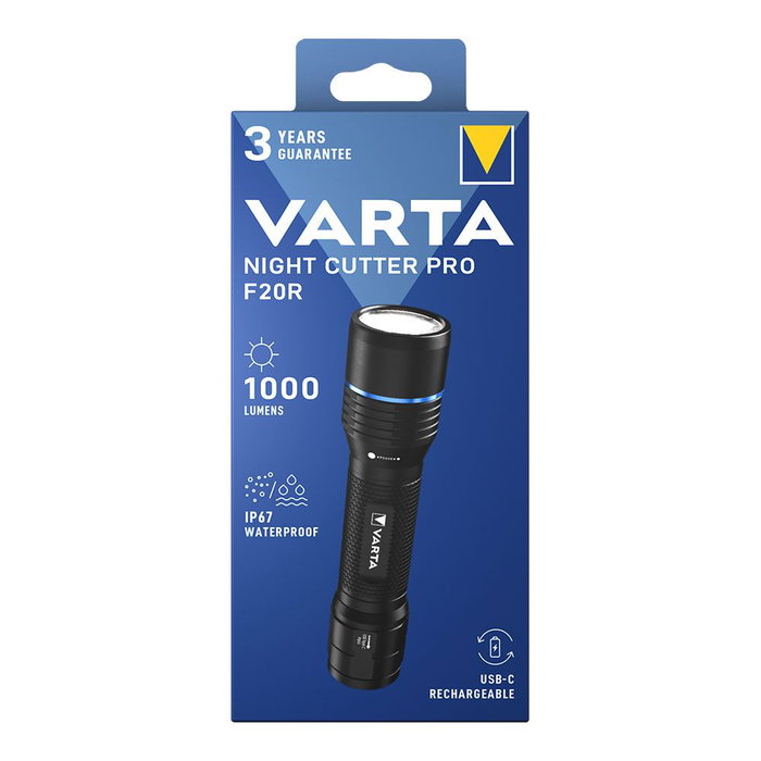 Varta Night Cutter Pro F20R Lampe Torche Tactique 1000 Lm Rechargeable USB-C IP67 Autonomie 22h Cordon et Banane
