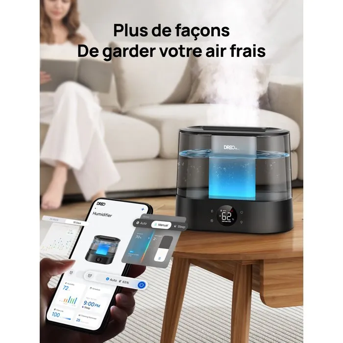 Dreo HM420S Humidificateur d'air - Réservoir 4 L - Autonomie 30h - Brume de 10 cm - Silencieux 28dB - Diffusion aromatique - Commande vocale